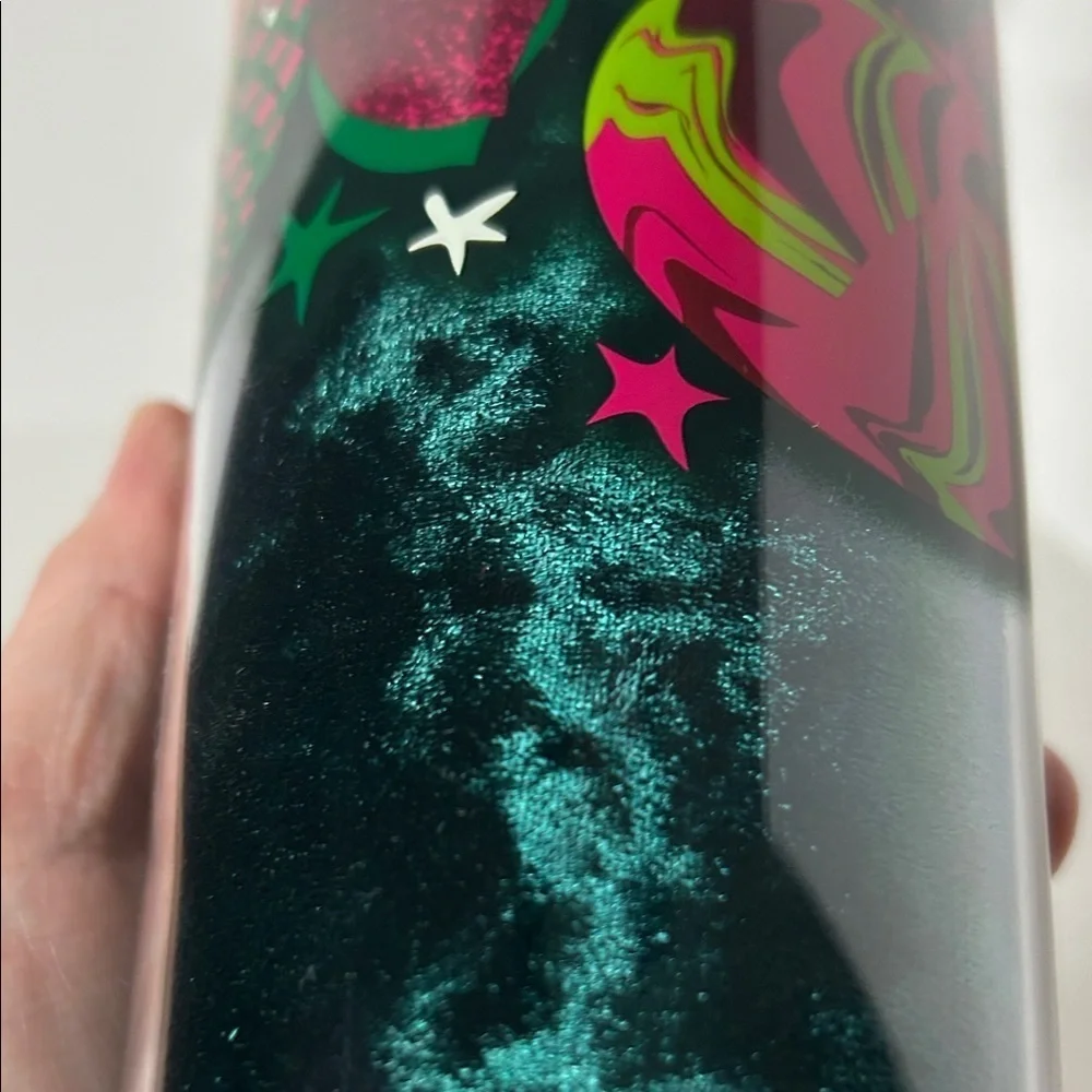 Starbucks 24oz Festive Tumbler with Green and Pink Design with Straw Topper NWT